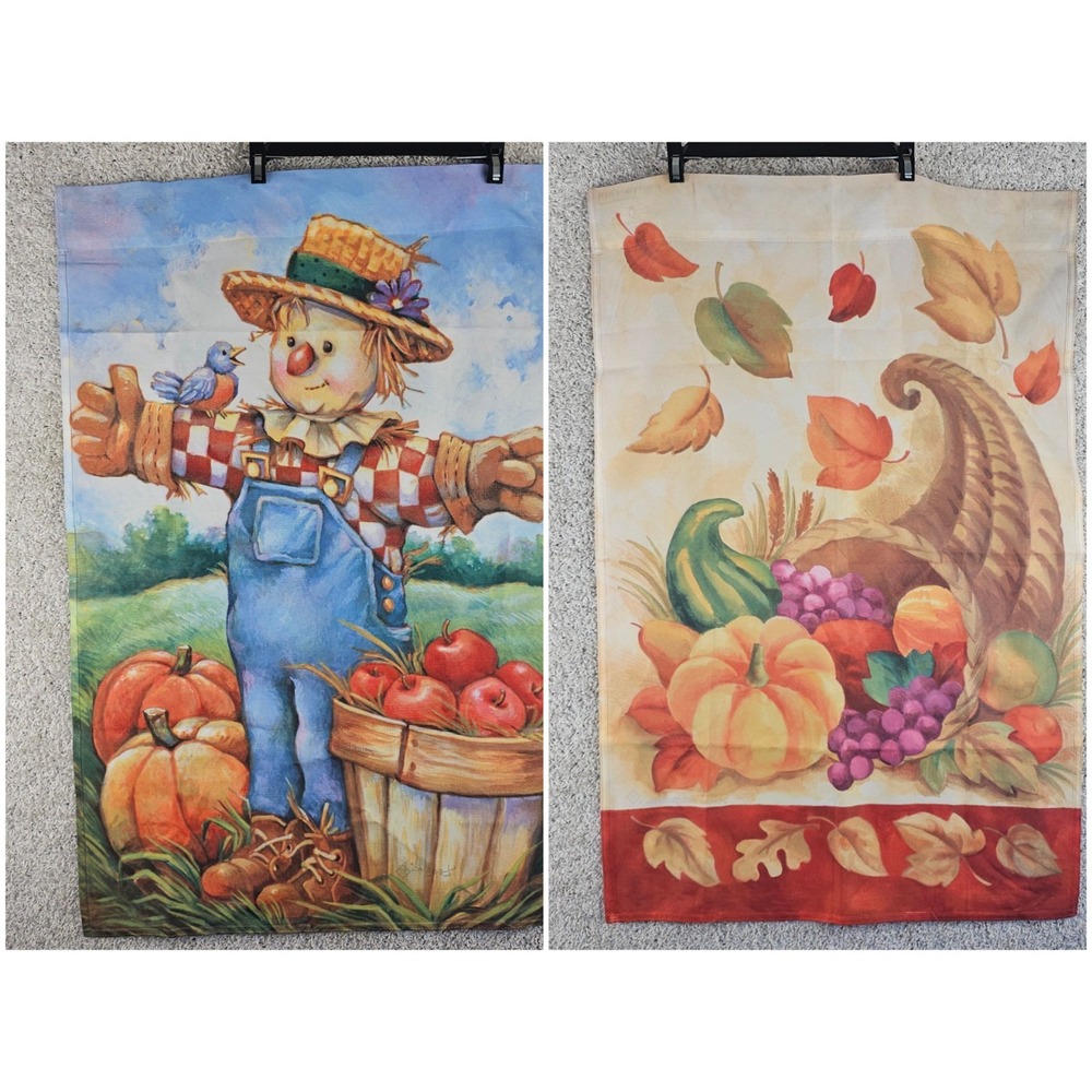Vintage LOT Of 2 Toland Scarecrow Harvest Fall Flags Hanging Wall Made In USA